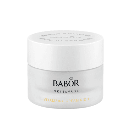 Frasco de Vitalizing Cream Rich BABOR, crema hidratante antiedad para la cara que revitaliza la piel seca y cansada, ideal para rutina de skincare
