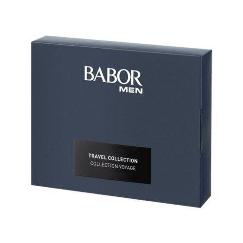 Set de viaje BABOR Travel Collection con serum facial, crema para piel sensible, crema contorno de ojos y shampoo energizante para piel sensible masculina.