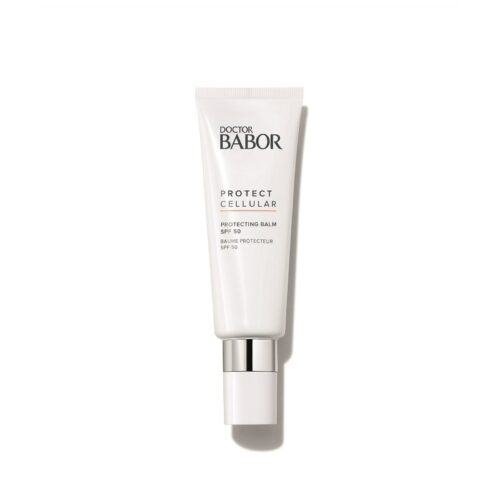 Crema solar facial BABOR con SPF 50 para piel sensible, protección UVA/UVB, sin fragancia, efecto antiedad.