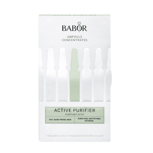 Ampolleta facial con árbol de té e Ictasol. Active Purifier Babor, ideal en rutinas de skincare para piel grasa o con tendencia acneica