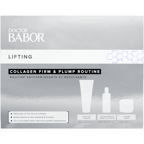 Set de productos de skincare antiedad BABOR de 3 pasos con colágeno para la cara y ácido hialurónico, ideal para reafirmar e hidratar la piel.