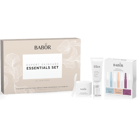 Kit facial antiedad BABOR para piel madura con limpiador hialurónico, ampolletas hidratantes y crema para ojos reafirmante